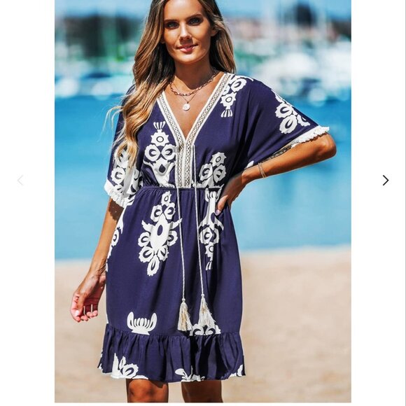 🎄NWOT Cupshe Blue Tassel Dolman Sleeve Mini Dress Size Small - Picture 5 of 7